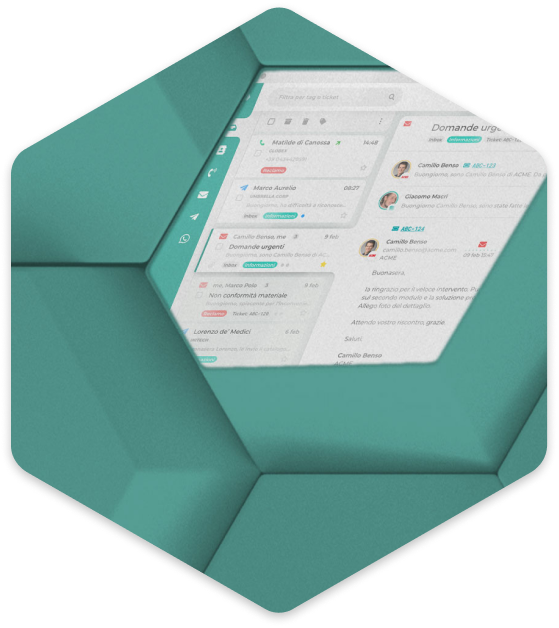 Decorazione esagonale con schermata di Inbox di Nosco Omnichannel